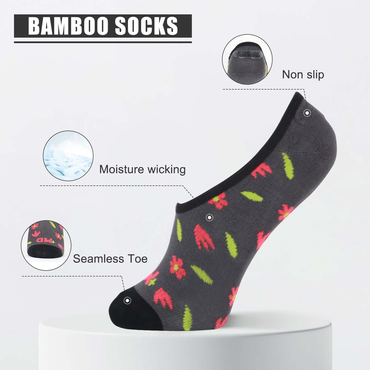 Shredded Flowers, Bamboo No Show Liner Socks Non Slip, 4 Pairs - md-diab